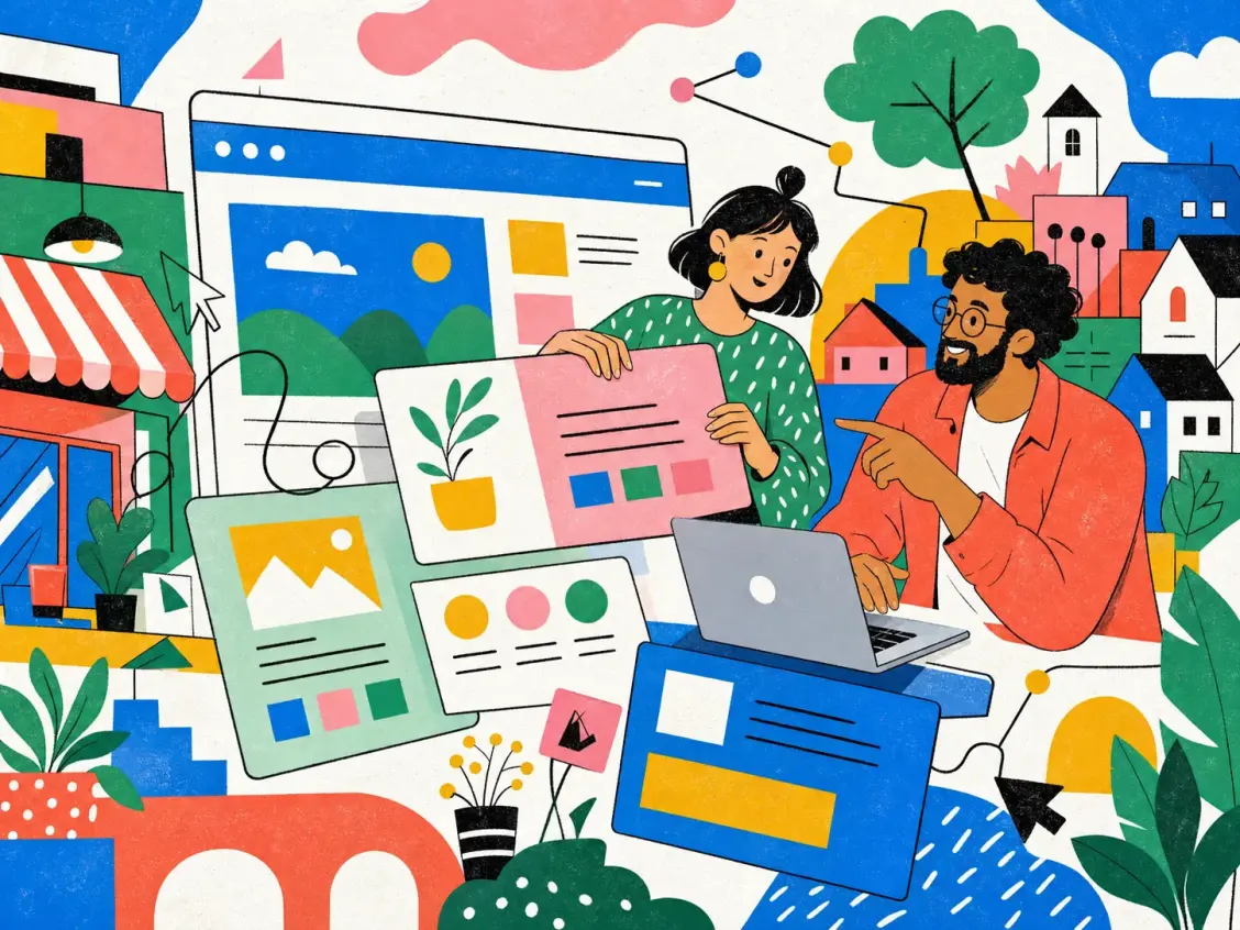 事業者とWebデザイナーが一緒にWebサイトを組み立てているイラスト